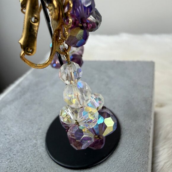 Vintage Vendome Purple & Clear Glass Bead Dangle & Drop Screw/Clip Earrings Gold - Picture 11 of 16